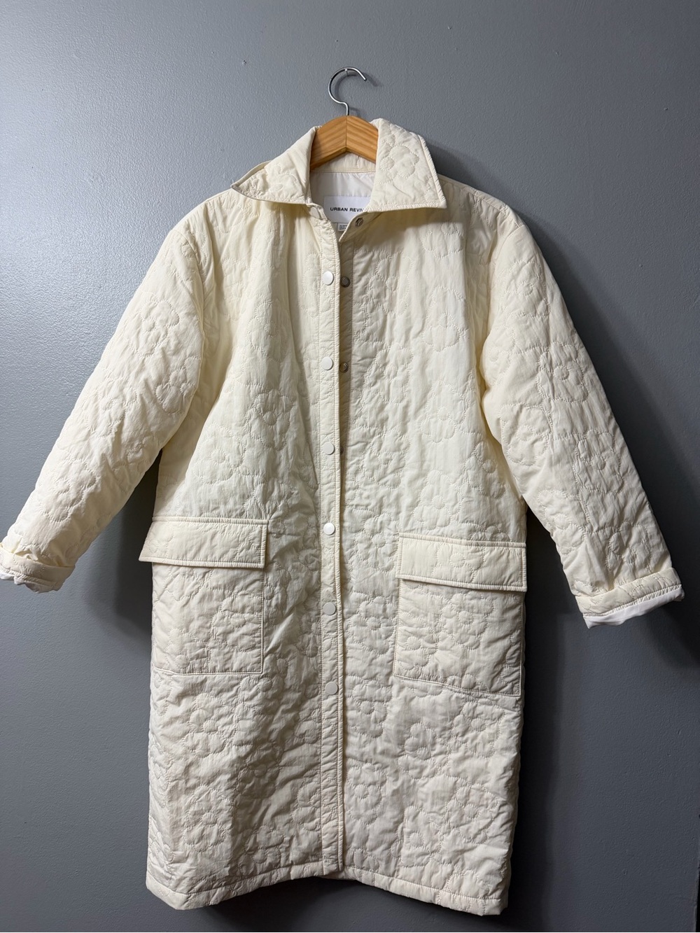 Urban Revivo Quilted Cream Long Coat floral stitching 2